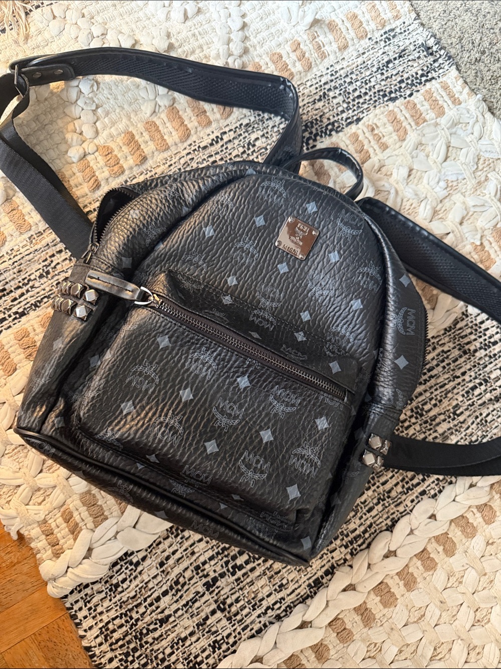 MCM Black Logo-Print Leather Mini Backpack Black/gray medium size